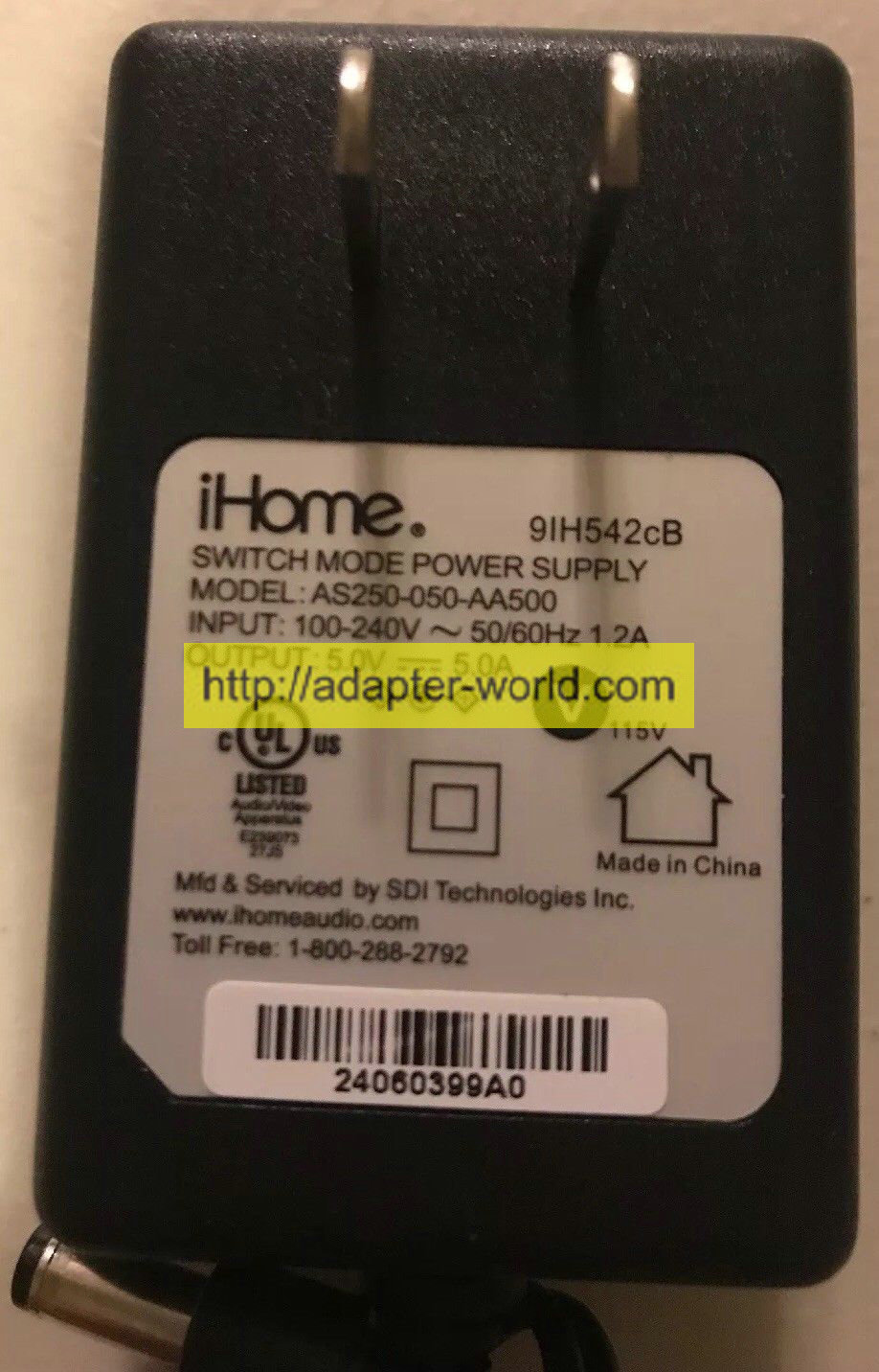 *100% Brand NEW* iHome AS250-050-AA500 Output 5V 5.0A 9IH542cB AC Replacement Power Adapter Free shipping! - Click Image to Close